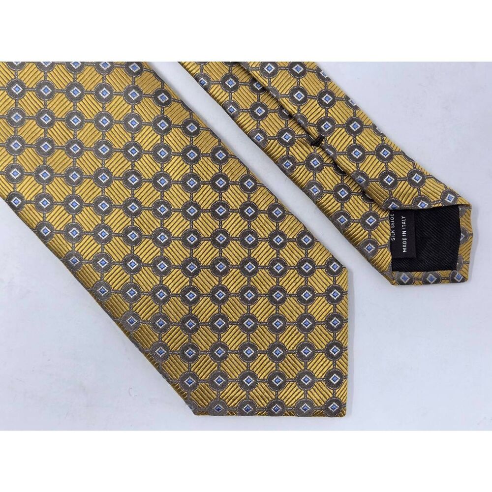 CANALI SILK TIE YELLOW GRAY WOVEN SATIN FOULARD PATTERNED LUXURY 3.5" X 58"